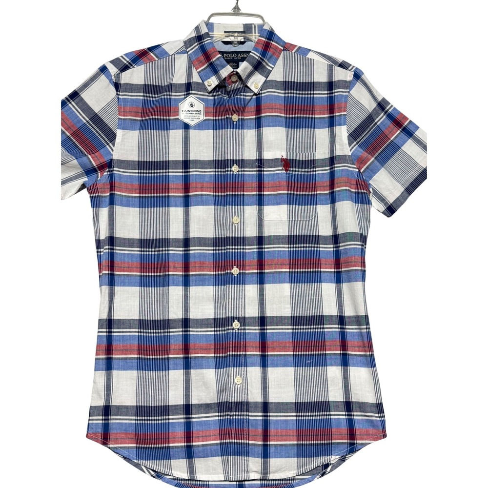 US Polo Assn Mens XS Short Sleeve Plaid Button Down Shirt Red White Blue Stretch